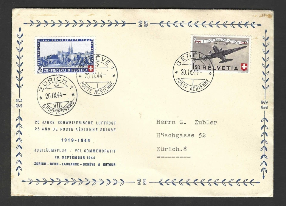 SWITZERLAND 1944 AIR MAIL & SEMI POSTAL SCOTT # B136 & C40 TIED FDC - Image 1 of 1
