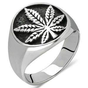 925 Sterling Silver Weed Marijuana Cannabis Leaf Symbol Men's Ring - Picture 1 of 5