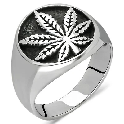 925 Sterling Silver Weed Marijuana Cannabis Leaf Symbol Men's Ring - Image 1 of 4