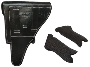 WWII German P08 Luger Pistol Leather Hard Shell Holster BLACK With P08 Hand Grip - Picture 1 of 24