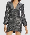 $710 Lini Women's Black Silver Arian Ruched Sequined Bodycon Mini Dress Size XS