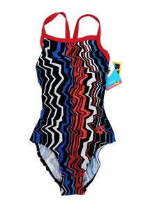 Arena Girl's One Piece Swim Suit, Zig Zag Navy/Red/White - Size 24 AF10 - Picture 1 of 7