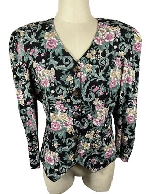 Blusa Top Floral Vintage Cottage Core Talla Grande 16 Boho Acolchada Negra Rosa Foto 1 de 4