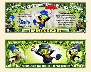 Giminy Cricket Banconota Million Dollaro US! Pinocchio Disegno Walt Disney 1940 - Foto 1 di 1