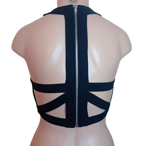 Sparkle & Fade Black Crop Halter Top Zipper Strappy Back Party Goth Emo Glam S - Picture 1 of 16
