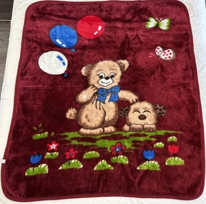 Burgunder Vintage Babydecke Teddybär Luftballons Welpe Hund Schmetterling Nerz selten - Bild 1 von 10