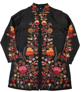 Anu Jacke Mantel 100% Seide bestickt Blumen XL schwarz gefüttert ein Haken Reißverschlusstasche - Bild 1 von 19