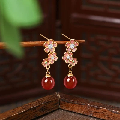  Cloisonne Peach Blossom Earrings Simulation Jade Gift for Her Valentine's Day - Image 1 of 4