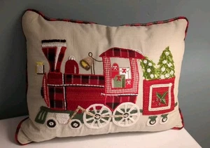 Pier One Imports Throw Pillow Christmas Express Train Toys Embroidered Red 15x11 - Picture 1 of 10