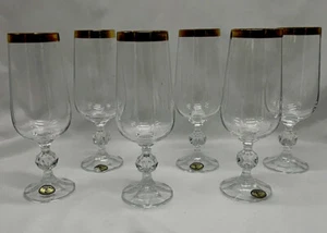 VTG Bohemia Gold Rim Etched Ball Stem Champagne Flute Glasses Set Of 6 - Picture 1 of 7