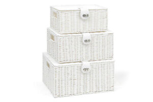 Storage Basket Hamper Resin Woven White Set of 3 Box With Lid & Lock 