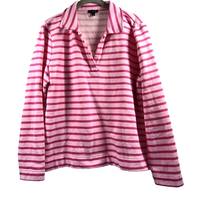 Talbots Womens Top Large Fleece V Neck Collared Long Sleeve Pink Stripe Pullover - Image 1 of 4