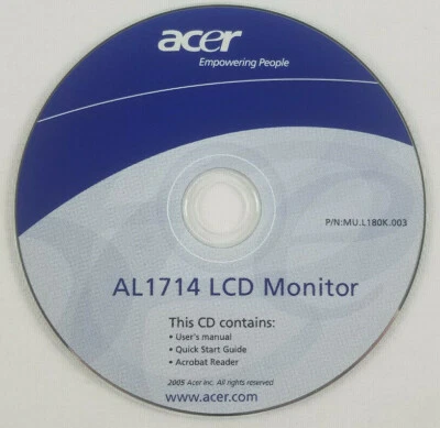 Acer AL1714 LCD Monitor CD Manual Quick Start Acrobat Reader MU.L180K.003 - Image 1 of 2