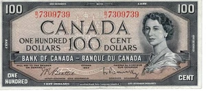 Bank of Canada 1954 $100 Hundred Dollars Beattie-Rasminsky B/J Prefix VF+ - Picture 1 of 2