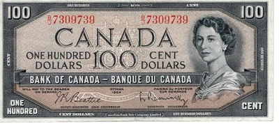 Bank of Canada 1954 $100 Hundred Dollars Beattie-Rasminsky B/J Prefix VF+ - Image 1 of 2