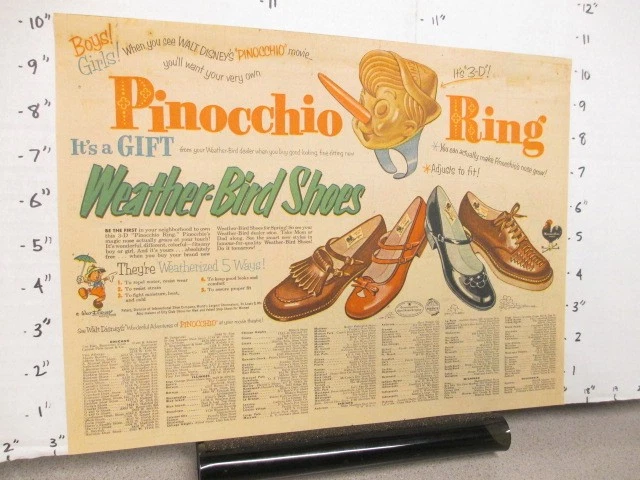 Anuncio de periódico anillo premium 1954 ZAPATOS PARA PÁJAROS CLIMA Disney Pinocho 3D nariz crece Foto 1 de 1