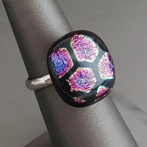 Dichroic Glass Black Pink Purple Ring Cabochon Adjustable Band Hexagon Pattern - Picture 1 of 7