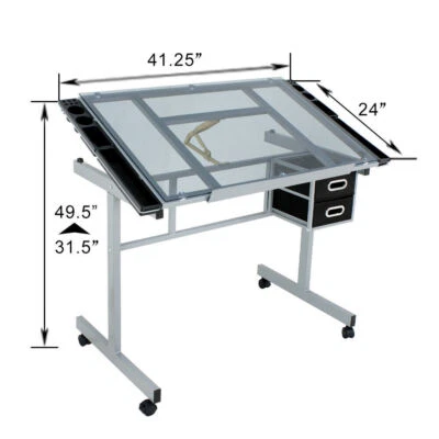 Adjustable Drafting Table Drawing Craft Desk Tempered Glass Top Art Work Station - Image 1 of 4