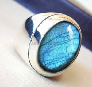 Natural Labradorite Gemstone with 14K White Gold Plated Silver Ring for Men #950