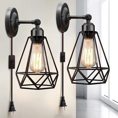Plug in Wall Sconce, Wire Cage, Industrial Wall Lamp with Plug in Cord, Rustic S - Image 1 of 4