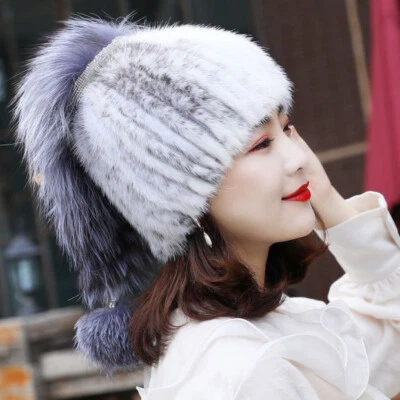Sombrero de piel de visón real para mujer gorra tejida invierno cálido exterior gorros con borlas Foto 1 de 4
