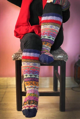 Blue pink and green mixed color Woolen Knee High Socks, Christmas gift socks - Image 1 of 4