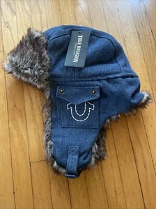 True Religion Trapper Hat Dark Blue Denim Faux Fur Horseshoe Pockets Chin Strap - Picture 1 of 9