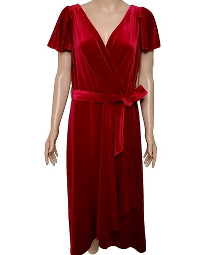 VALENTINO Abito midi DKNY 14 L rosso velluto surplice manica svasata cintura festa formale nuovo