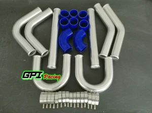 2.25" UNIVERSAL 8PCS ALUMINUM TURBO INTERCOOLER PIPING+BLUE ELBOW HOSE+CLAMPS - Picture 1 of 12