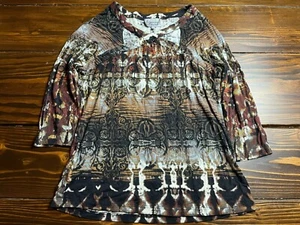 LYNN RITCHIE Shirt, Women's Size Large, Black Brown, Multicolor, 3/4 Sleeve - Picture 1 of 6