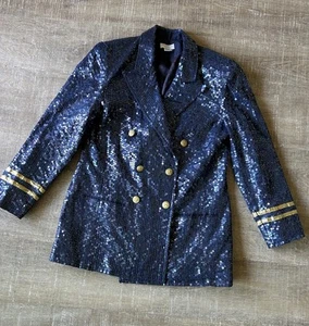 Blazer náutico vintage Lew Magram años 80 lentejuelas azul marino talla grande colorido preppy usado en excelente estado - Imagen 1 de 13