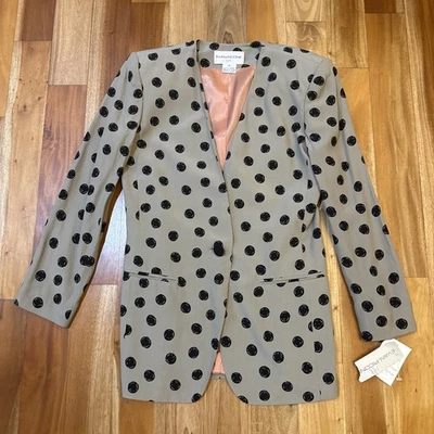NWT Vtg EVAN PICONE Sz 6 BLAZER Black Taupe Polka Dot Suit Jacket Shoulder Pad - Image 1 of 4