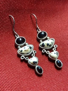 Vintage Whitney Kelly Sterling Silver Dalmatian Jasper & Onyx Dangle Earrings - Picture 1 of 10