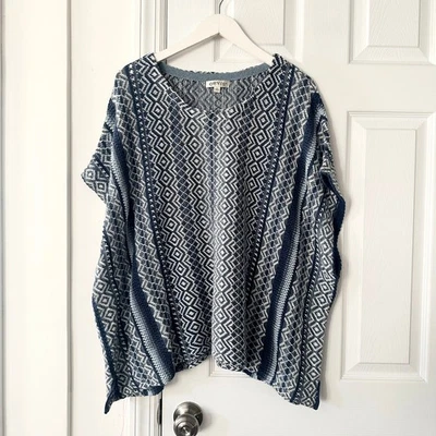 Poncho Suéter Orvis Azul Blanco Algodón Lino Suroeste Tejido Boho XL  Foto 1 de 4