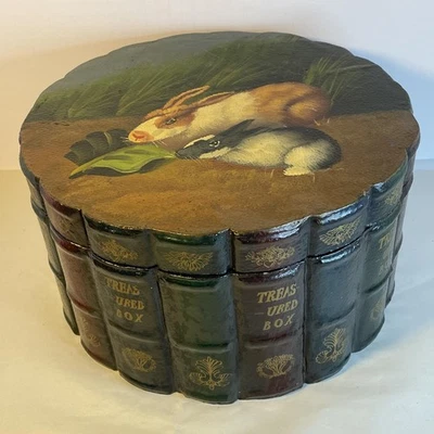 Caja de almacenamiento vintage de madera grande 13x9 pintada a mano libro de conejo pila forrada en terciopelo Foto 1 de 4