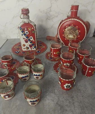 Vintage Slovenia Decanter Flask Shot glass leather wrapped set handmade - Image 1 of 4