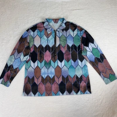 Womens Size 2XL Stained Glass Print Geometric Pullover Top 1/4 Zip Long Sleeve - Image 1 of 4