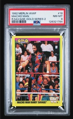 1992 merlin UK wwf #18 macho man randy savage; gold series PSA 8  (POP 2, 0^) - Image 1 of 3