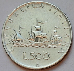 Italia 500 Lire, 1958, Navi di Cristoforo Colombo, moneta argento - Foto 1 di 2