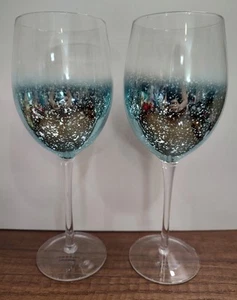 Modern Teal Blue Speckled Wine Glasses Set Of 2 9.25 Inches Tall  - Picture 1 of 5
