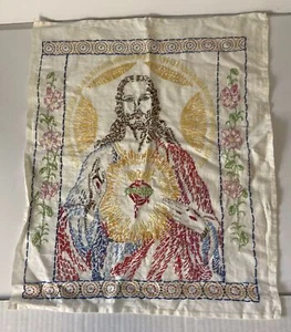 Vintage Embroidery Embroidered Jesus Sacred Heart MCM Mid Century 20”x16” - Imagen 1 de 10