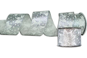 Paquete de 2 cintas de plata de 30' con flor de pascua blanca y mejoras de brillo - Imagen 1 de 3