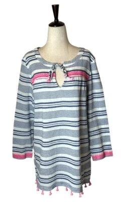 Túnica de playa con borlas de algodón a rayas azules blancas grandes para mujer Vineyard Vines Foto 1 de 4