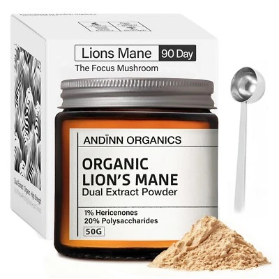 ANDINN ORGANICS Organic Lions Mane Powder | 12x Strength | 3 Month Supply | Dual Extract | 50g