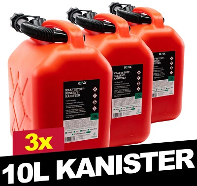 3x 10L BENZINKANISTER RESERVEKANISTER  AUSGIEßER KRAFTSTOFF DIESEL KANISTER ROT - Bild 1 von 4