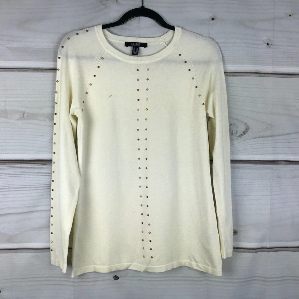 Suéter Dennis Basso Mujer XXS Marfil Cuello Redondo Manga Larga Cuentas Pullover Sólido Foto 1 de 4