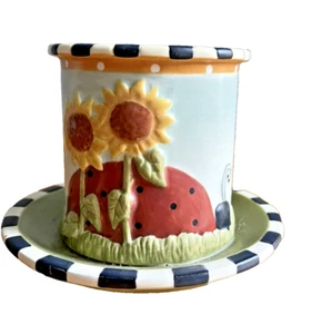 Yankee Candle kleiner Teelichthalter aufgesetzter Sockel Ellen Krons Marienkäfer Sonnenblumen - Bild 1 von 7