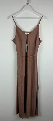 Vestido Prólogo Sin Mangas Grande Mujer L Marrón Midi Objetivo Cinturón Sedoso Correas de Espagueti Foto 1 de 3