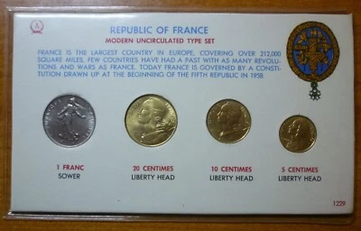 1965 1966 FRANÇA - CONJUNTO DE MOEDAS TIPO BU UNC (4) - 5, 10, 20 CENTAVOS E FRANCO - Imagem 1 de 4