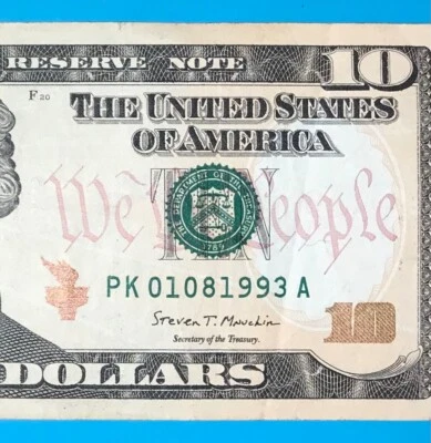 January 8, 1993 : PK 01081993 A BIRTHDAY Note $10 Ten Dollar Bill   - Image 1 of 3